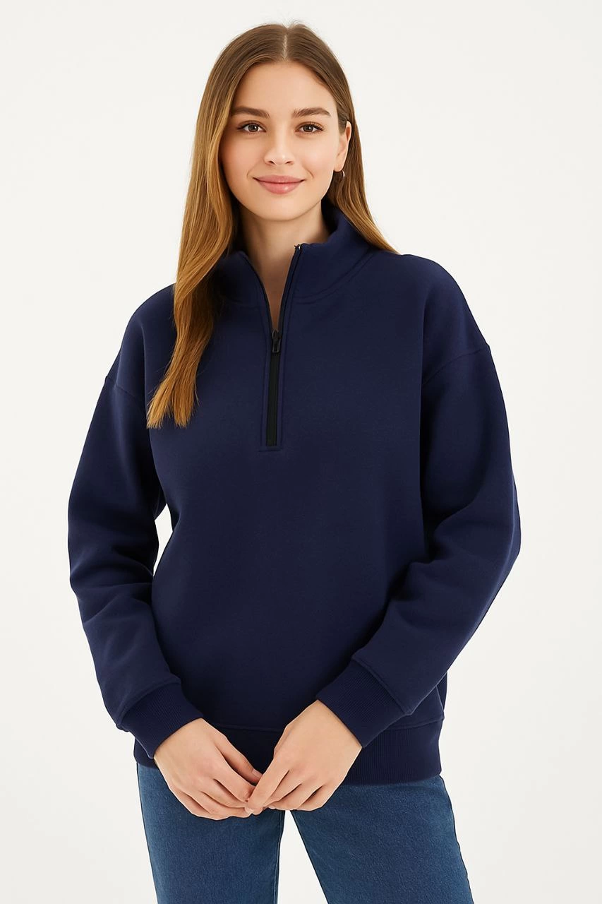 ASSEMA Kadın Üç İplik Dık Yaka Yarım Fermuarlı SweatShirt - Lacivert