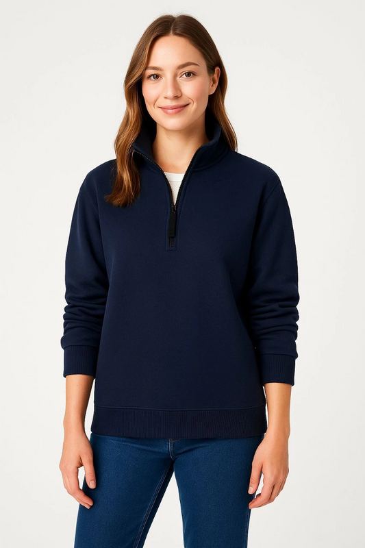 ASSEMA Kadın Üç İplik Dık Yaka Yarım Fermuarlı SweatShirt - Lacivert