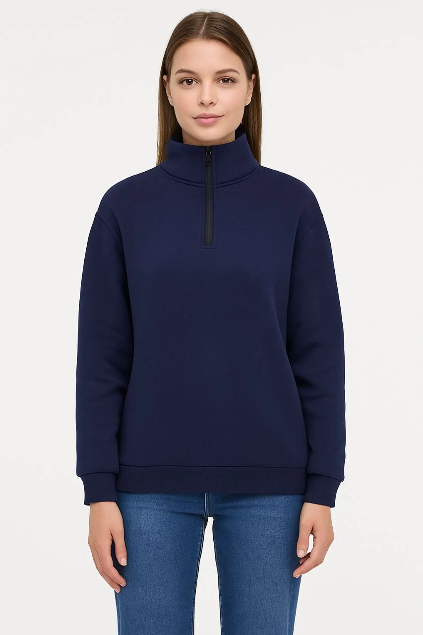 ASSEMA Kadın Üç İplik Dık Yaka Yarım Fermuarlı SweatShirt - Lacivert