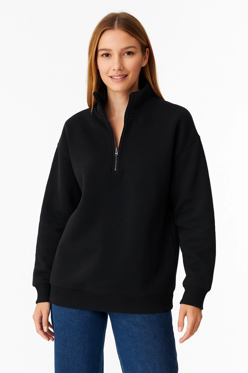 ASSEMA Kadın Üç İplik Dık Yaka Yarım Fermuarlı SweatShirt - Siyah