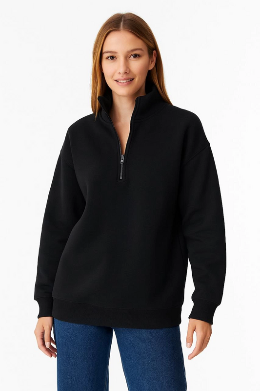 ASSEMA Kadın Üç İplik Dık Yaka Yarım Fermuarlı SweatShirt - Siyah