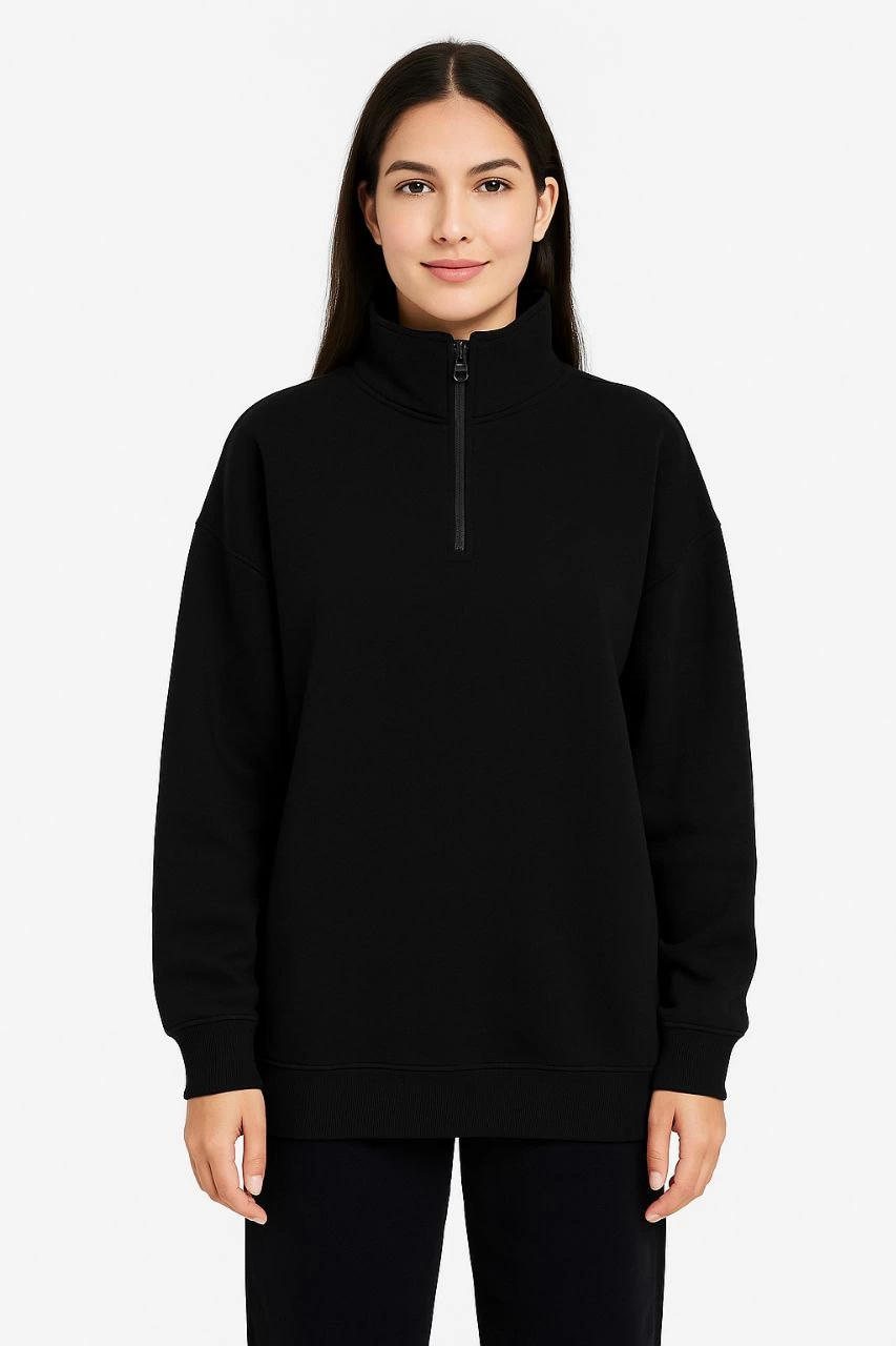 ASSEMA Kadın Üç İplik Dık Yaka Yarım Fermuarlı SweatShirt - Siyah