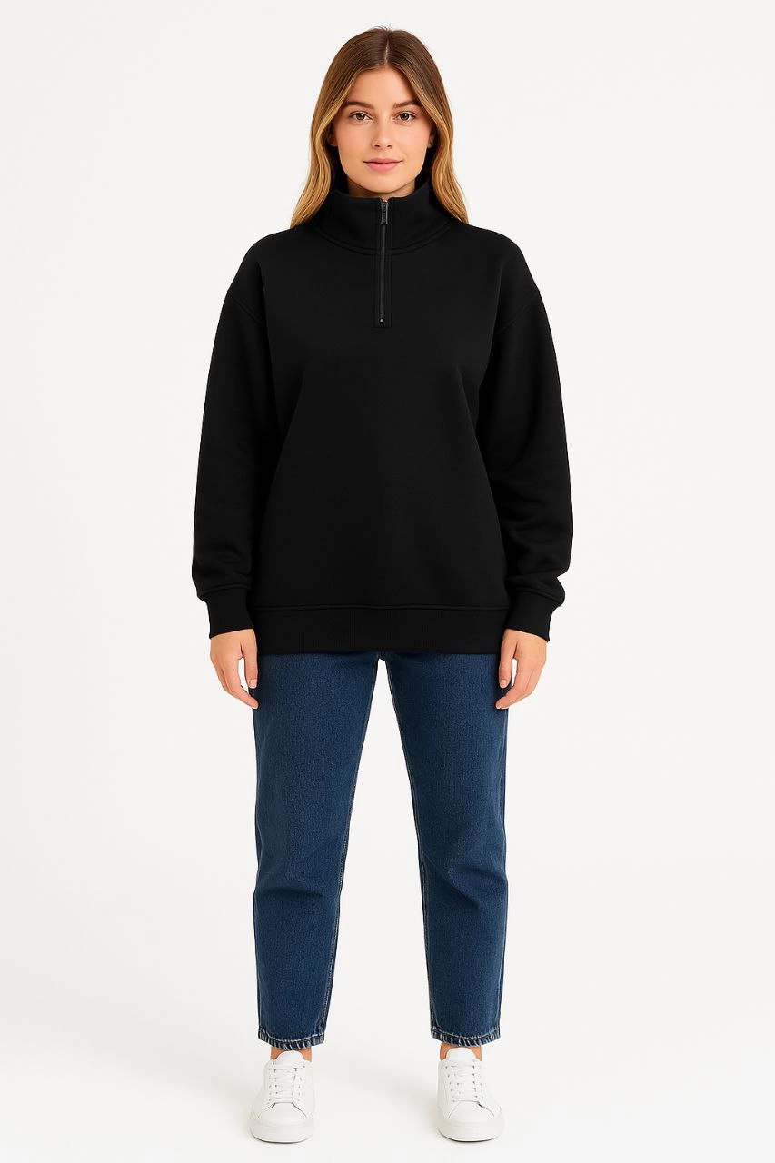 ASSEMA Kadın Üç İplik Dık Yaka Yarım Fermuarlı SweatShirt - Siyah
