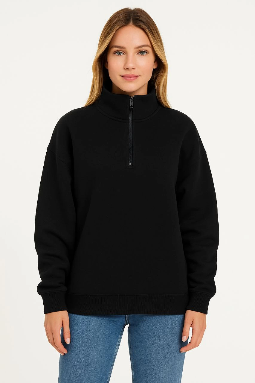 ASSEMA Kadın Üç İplik Dık Yaka Yarım Fermuarlı SweatShirt - Siyah