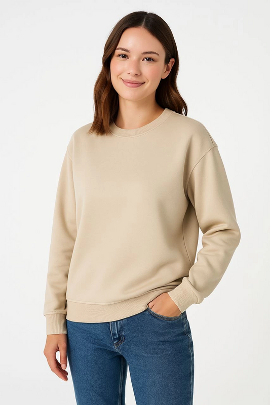 ASSEMA Kadın Üç İplik Düz Bisiklet Yaka SweatShirt - Bej