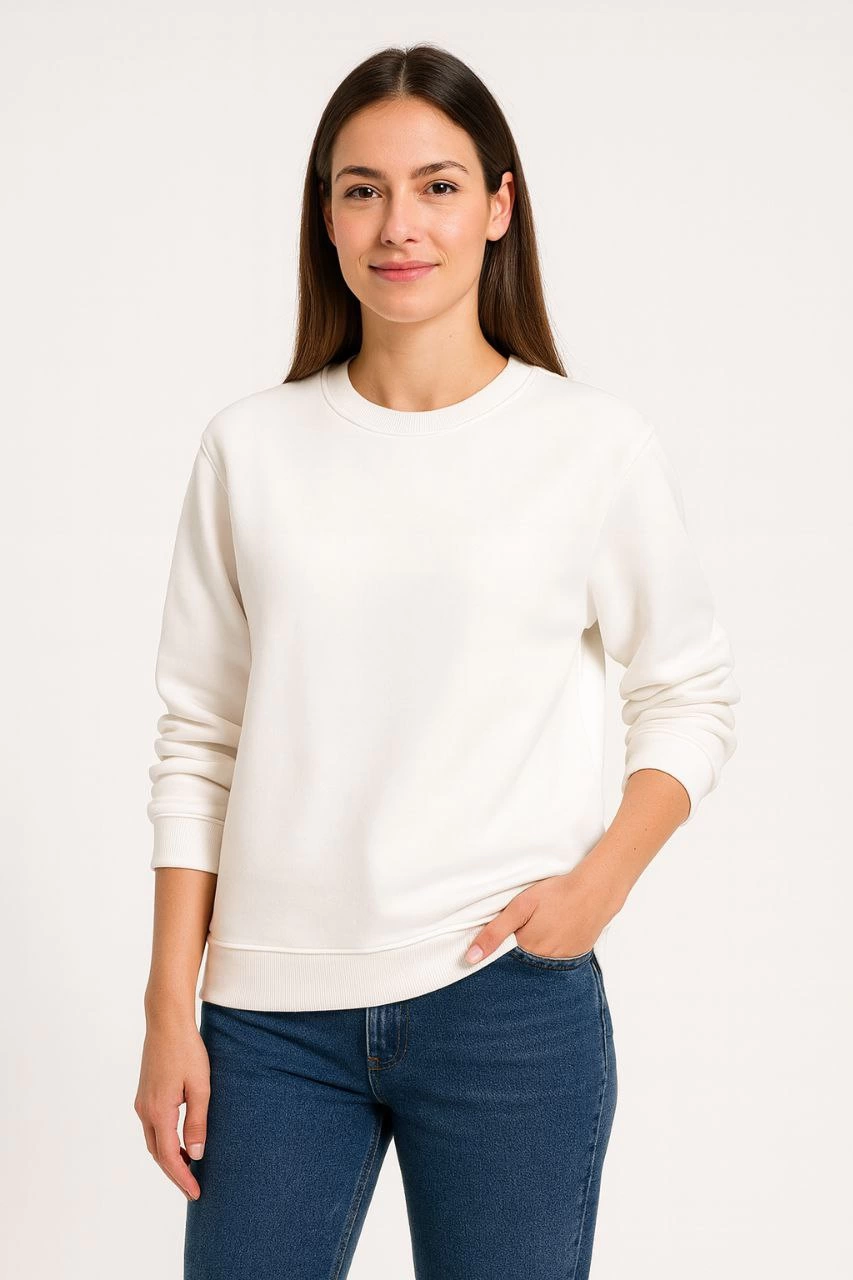 ASSEMA Kadın Üç İplik Düz Bisiklet Yaka SweatShirt - Beyaz