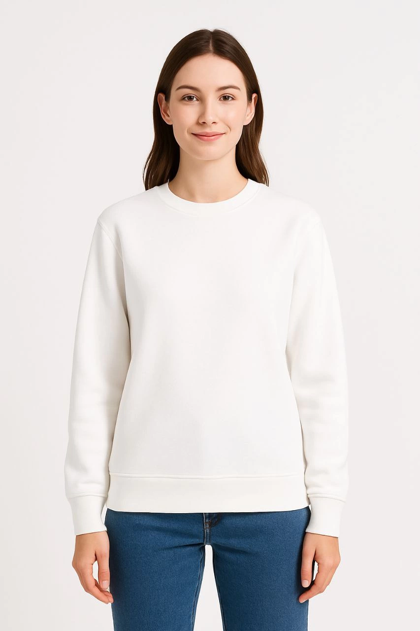 ASSEMA Kadın Üç İplik Düz Bisiklet Yaka SweatShirt - Beyaz