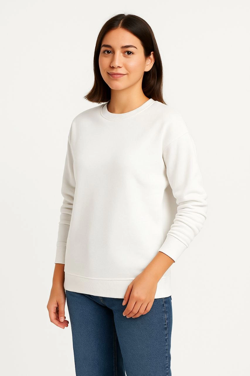 ASSEMA Kadın Üç İplik Düz Bisiklet Yaka SweatShirt - Beyaz