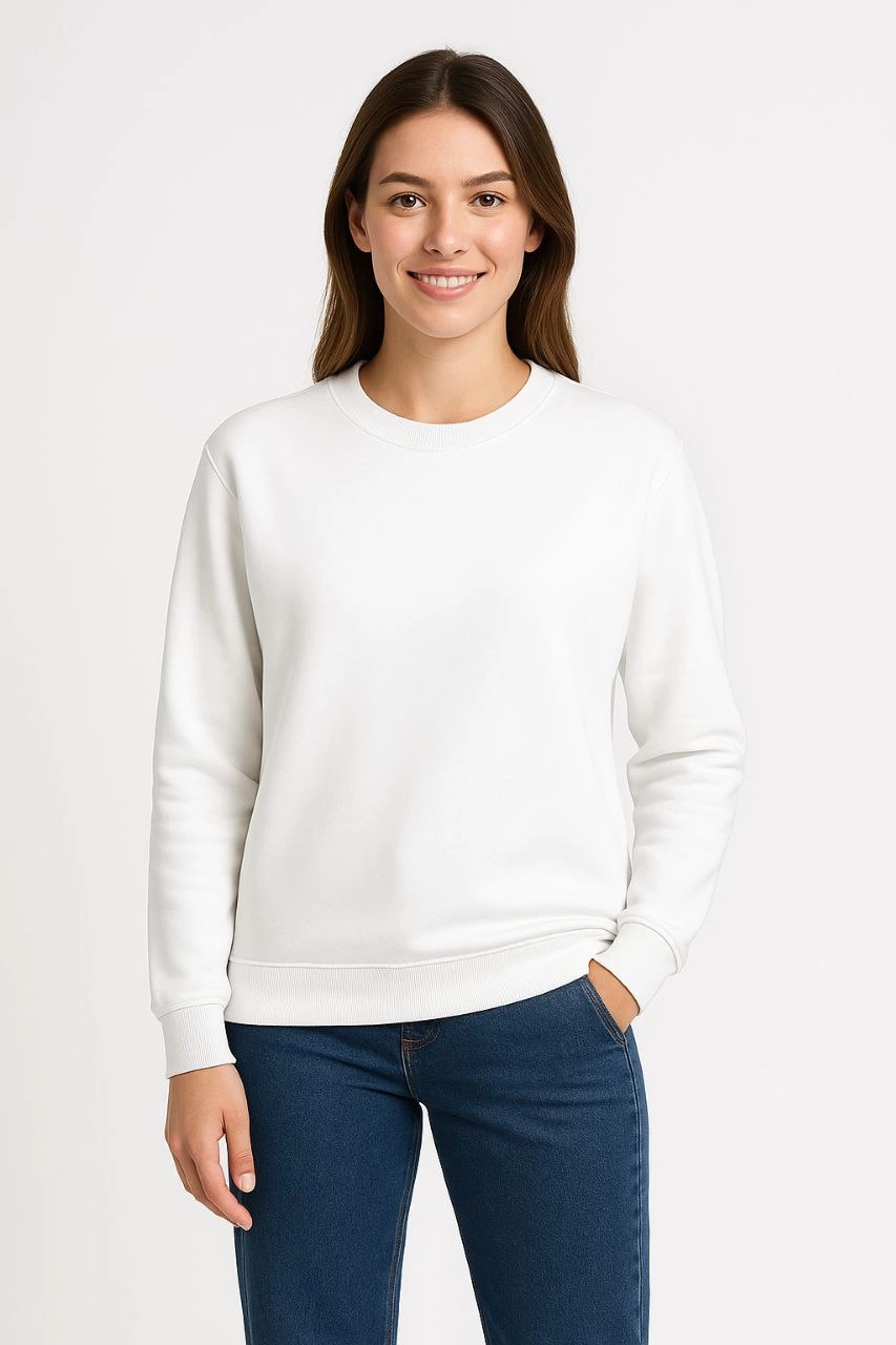 ASSEMA Kadın Üç İplik Düz Bisiklet Yaka SweatShirt - Beyaz