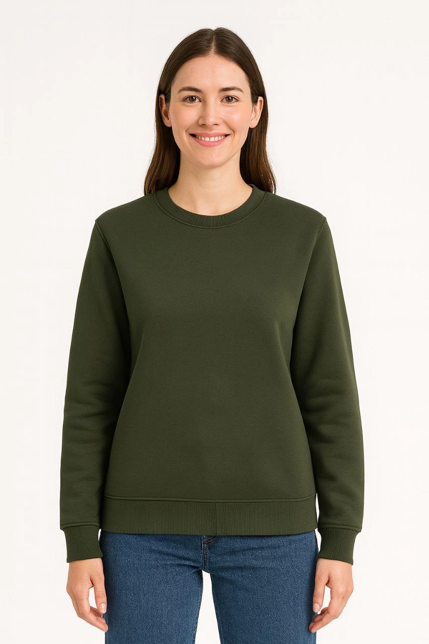ASSEMA Kadın Üç İplik Düz Bisiklet Yaka SweatShirt - Haki