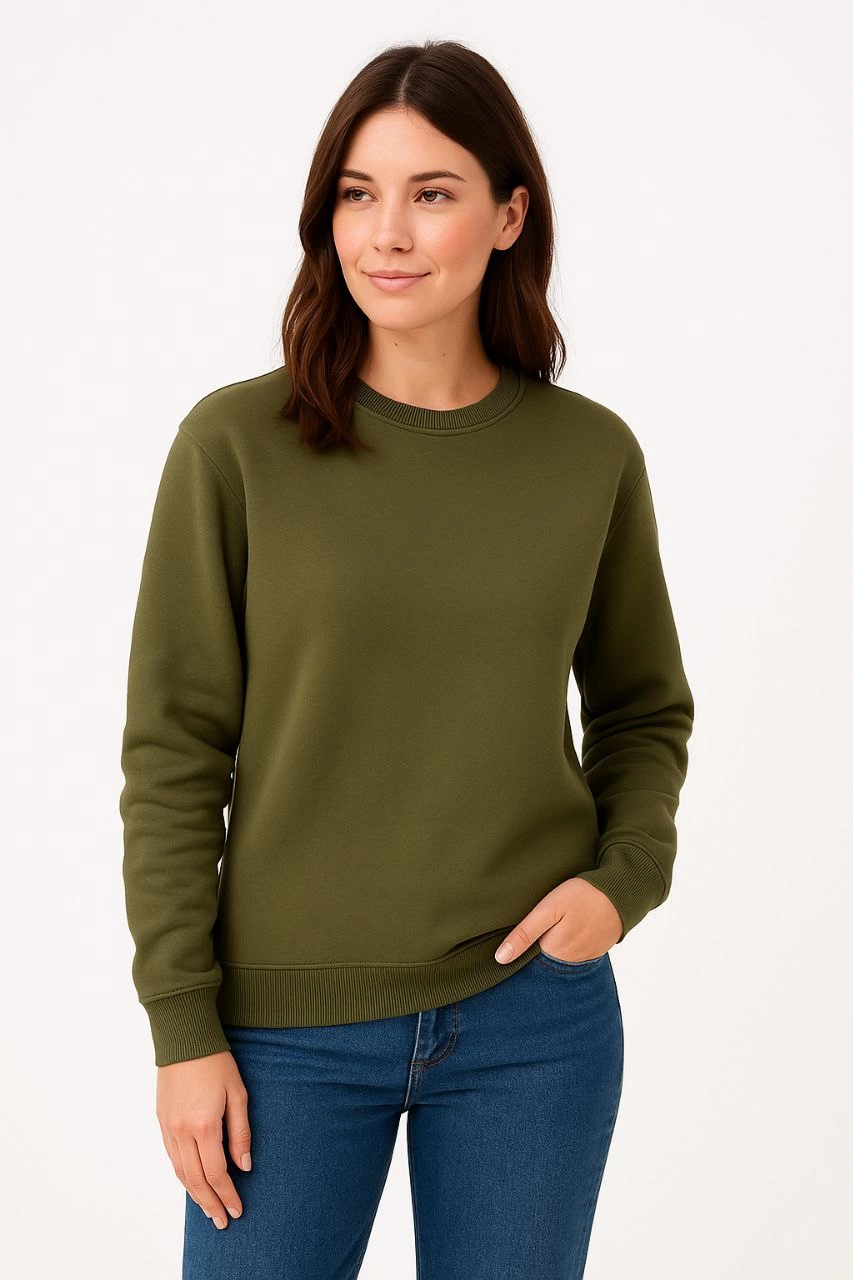 ASSEMA Kadın Üç İplik Düz Bisiklet Yaka SweatShirt - Haki