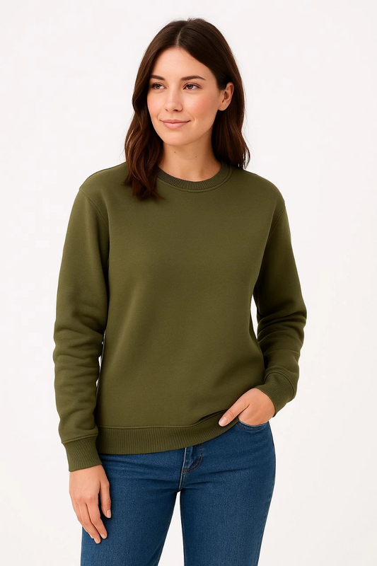 ASSEMA Kadın Üç İplik Düz Bisiklet Yaka SweatShirt - Haki
