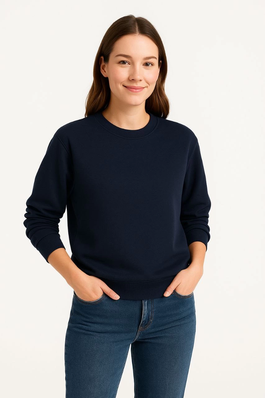 ASSEMA Kadın Üç İplik Düz Bisiklet Yaka SweatShirt - Lacivert