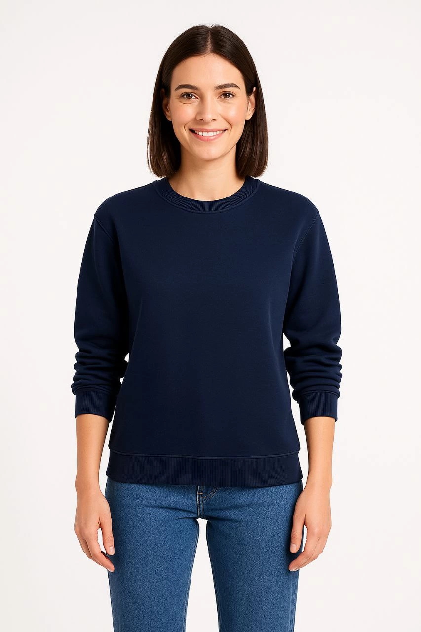 ASSEMA Kadın Üç İplik Düz Bisiklet Yaka SweatShirt - Lacivert
