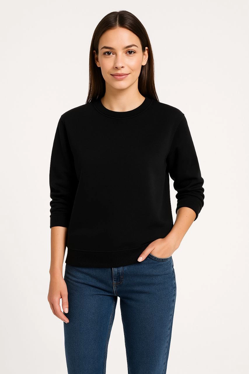ASSEMA Kadın Üç İplik Düz Bisiklet Yaka SweatShirt - Siyah