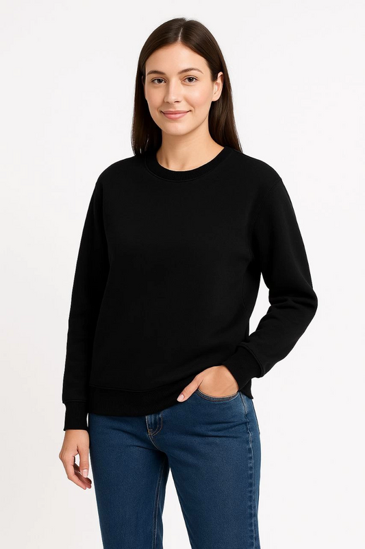 ASSEMA Kadın Üç İplik Düz Bisiklet Yaka SweatShirt - Siyah