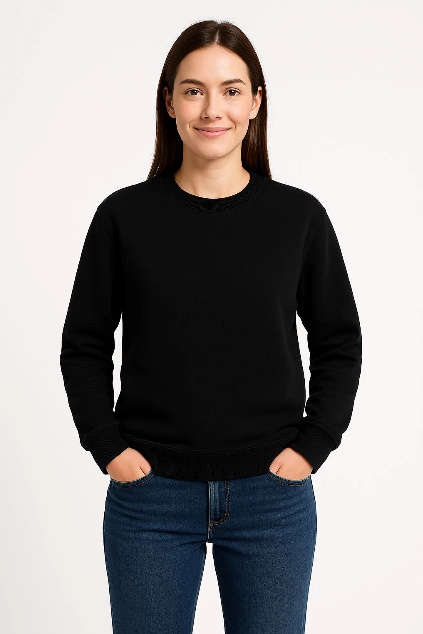 ASSEMA Kadın Üç İplik Düz Bisiklet Yaka SweatShirt - Siyah