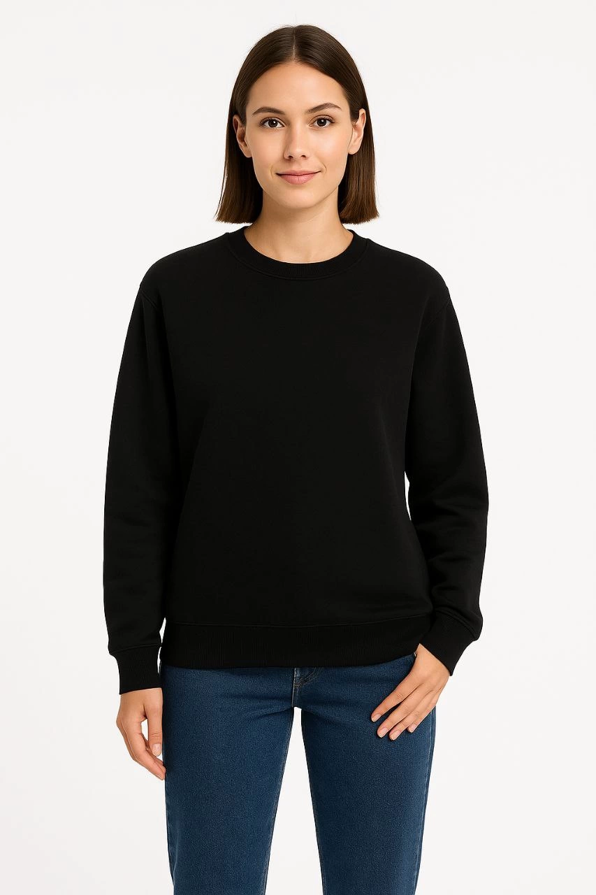 ASSEMA Kadın Üç İplik Düz Bisiklet Yaka SweatShirt - Siyah