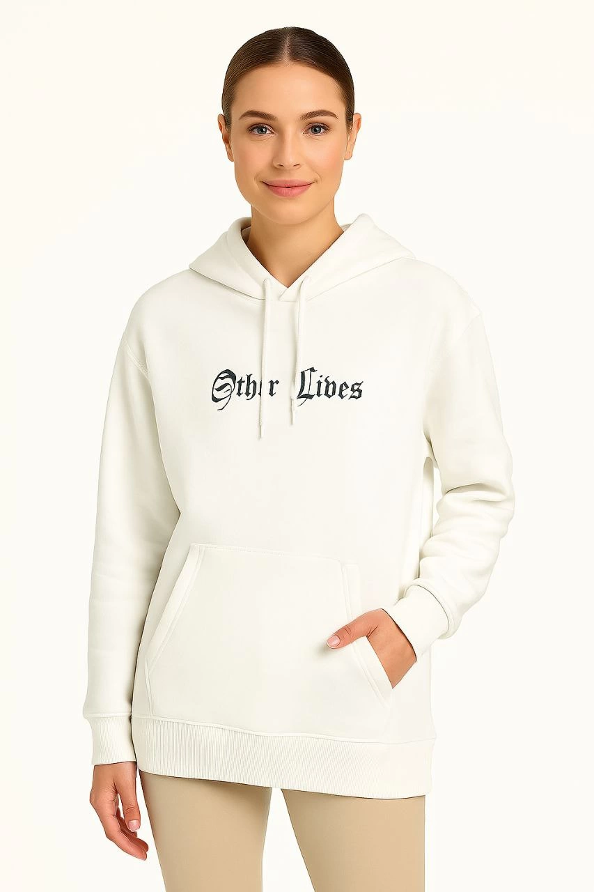 ASSEMA Kadın Kapşonlu Sweatshirt Oversize Üç İplik Şardonlu Other Lives Ön Arka Baskılı - Beyaz