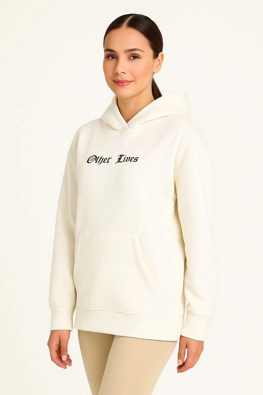 ASSEMA Kadın Kapşonlu Sweatshirt Oversize Üç İplik Şardonlu Other Lives Ön Arka Baskılı - Beyaz