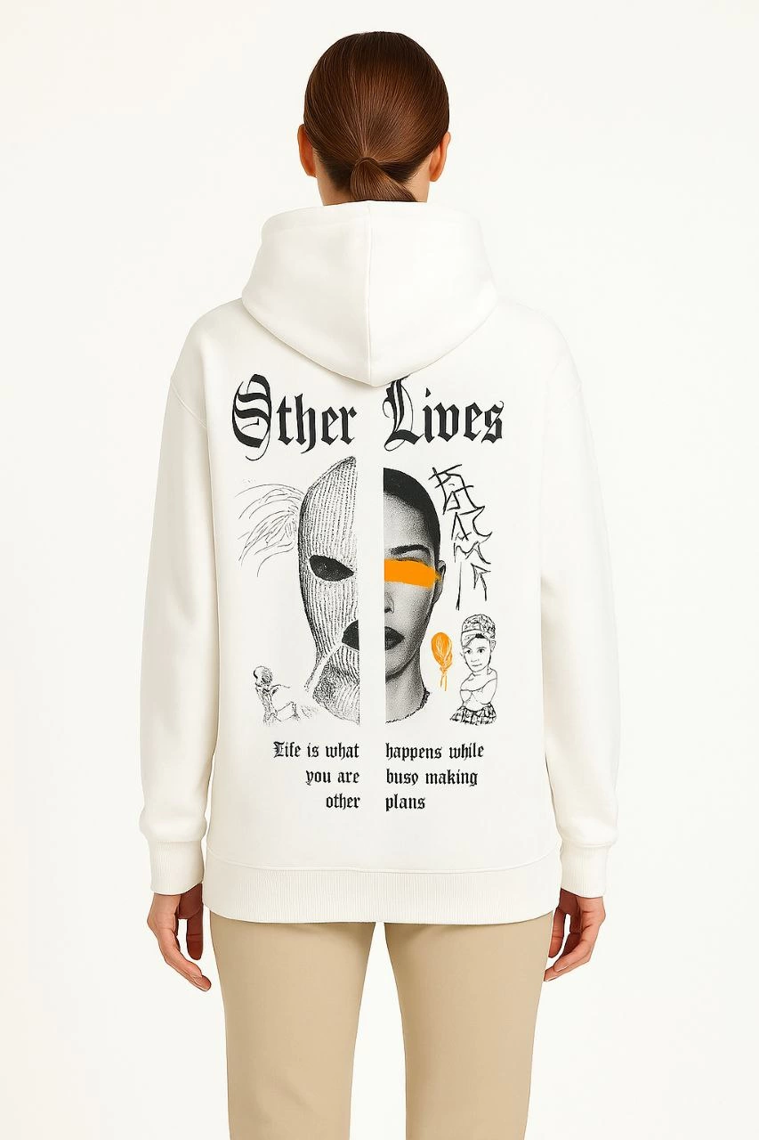 ASSEMA Kadın Kapşonlu Sweatshirt Oversize Üç İplik Şardonlu Other Lives Ön Arka Baskılı - Beyaz