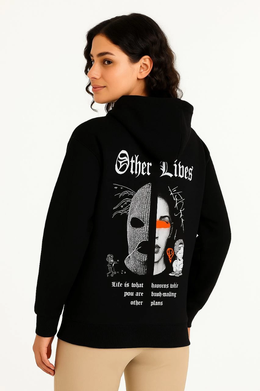 ASSEMA Kadın Kapşonlu Sweatshirt Oversize Üç İplik Şardonlu Other Lives Ön Arka Baskılı - Siyah