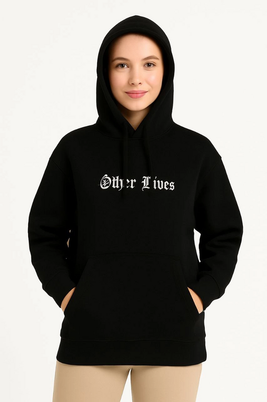 ASSEMA Kadın Kapşonlu Sweatshirt Oversize Üç İplik Şardonlu Other Lives Ön Arka Baskılı - Siyah