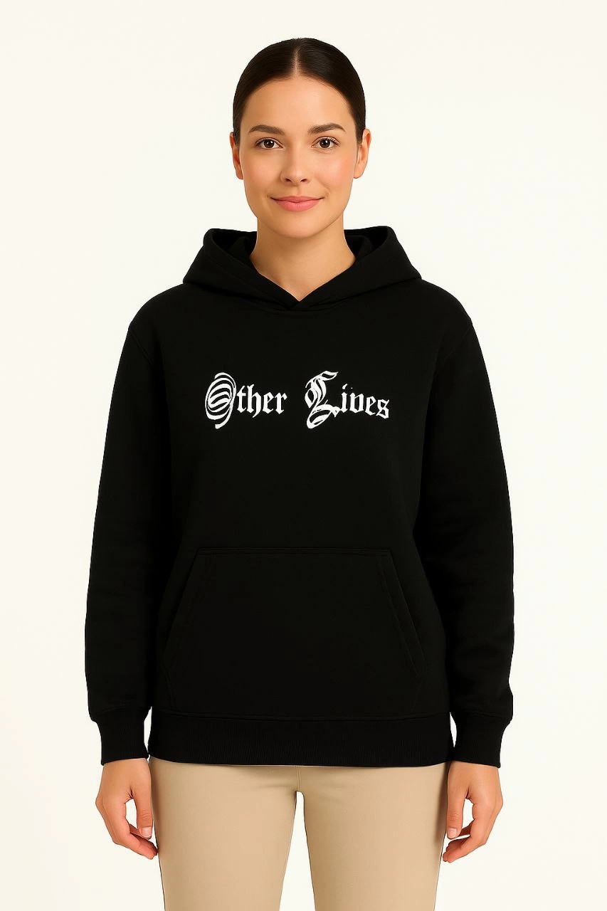 ASSEMA Kadın Kapşonlu Sweatshirt Oversize Üç İplik Şardonlu Other Lives Ön Arka Baskılı - Siyah