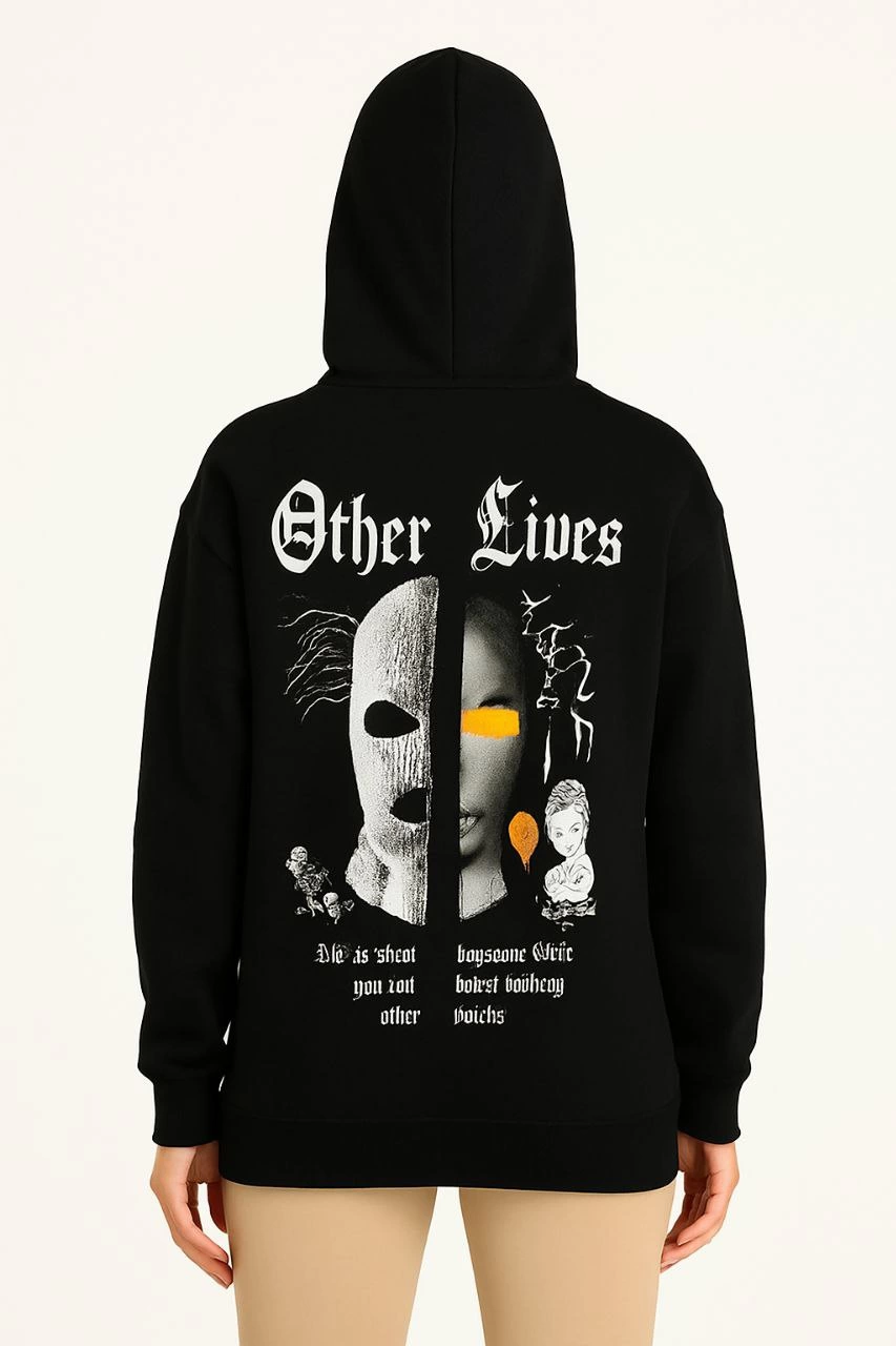ASSEMA Kadın Kapşonlu Sweatshirt Oversize Üç İplik Şardonlu Other Lives Ön Arka Baskılı - Siyah