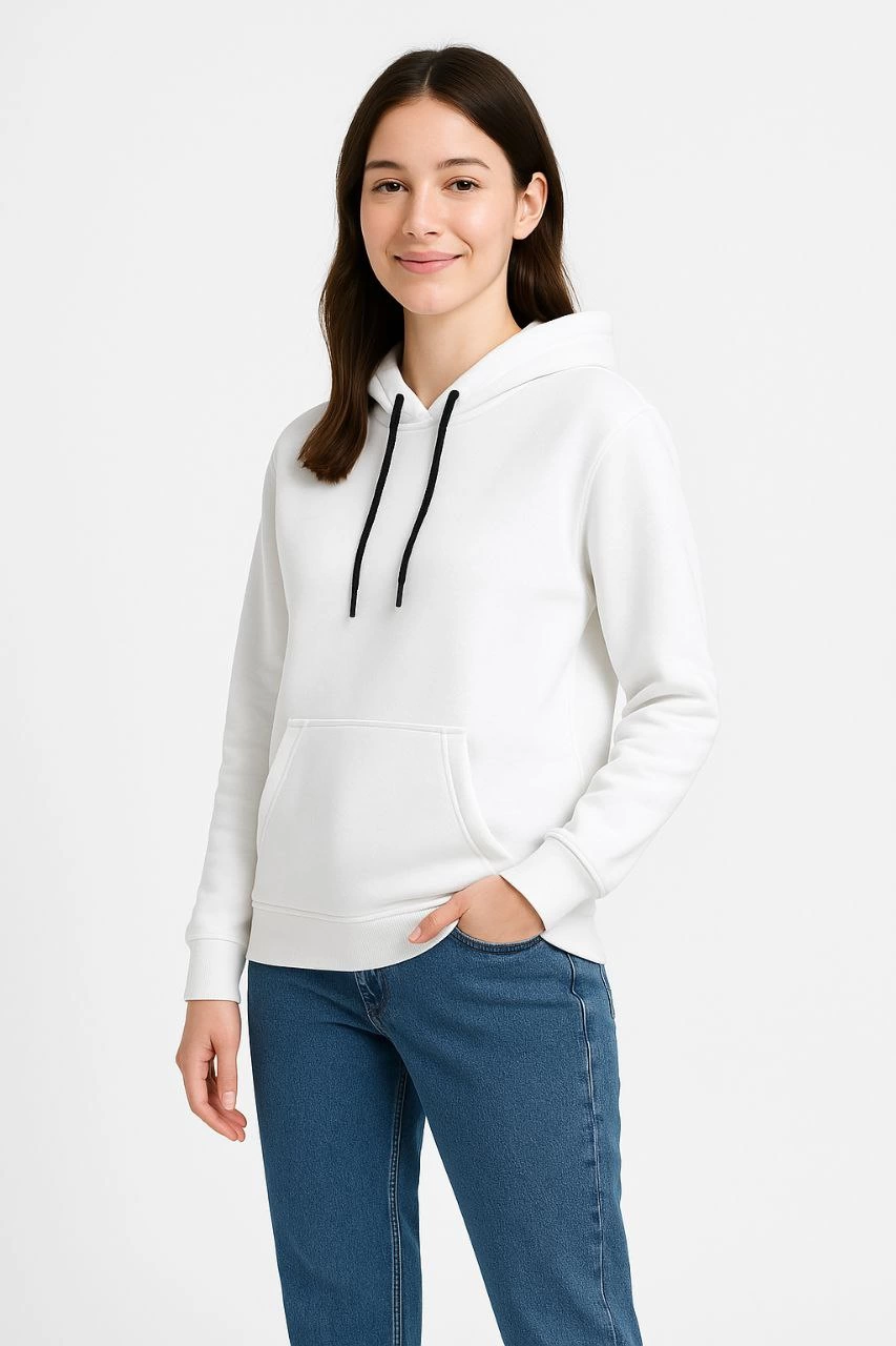 ASSEMA Kadın Üç İplik Kapüşonlu Kanguru Çepli SweatShirt hoodie - Beyaz