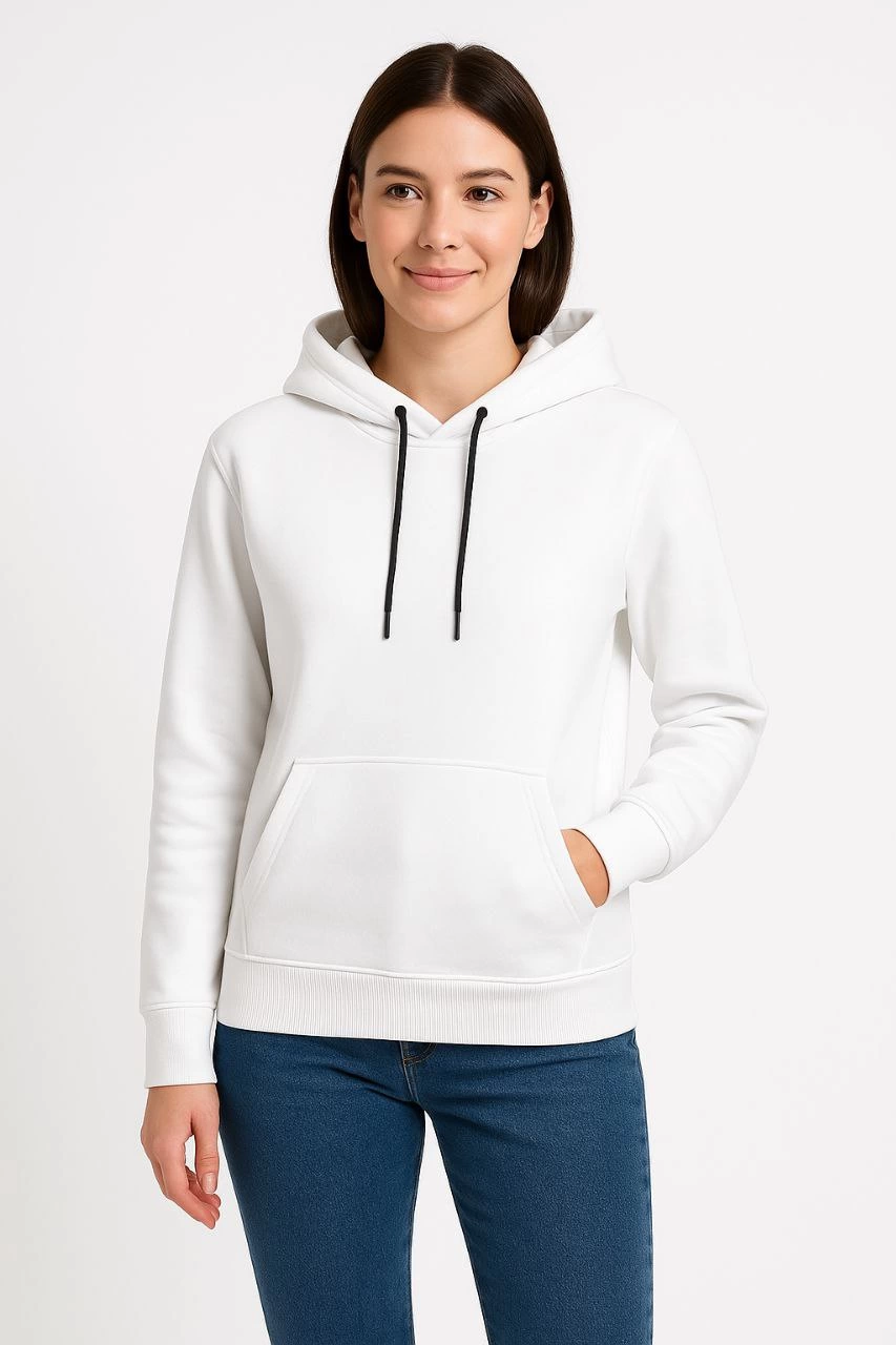 ASSEMA Kadın Üç İplik Kapüşonlu Kanguru Çepli SweatShirt hoodie - Beyaz