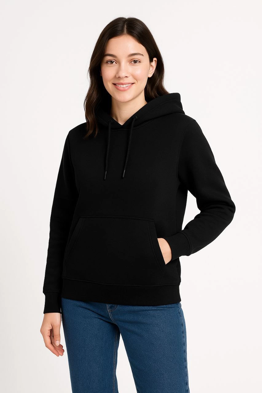 ASSEMA Kadın Üç İplik Kapüşonlu Kanguru Cepli Sweatshirt hoodie - Siyah