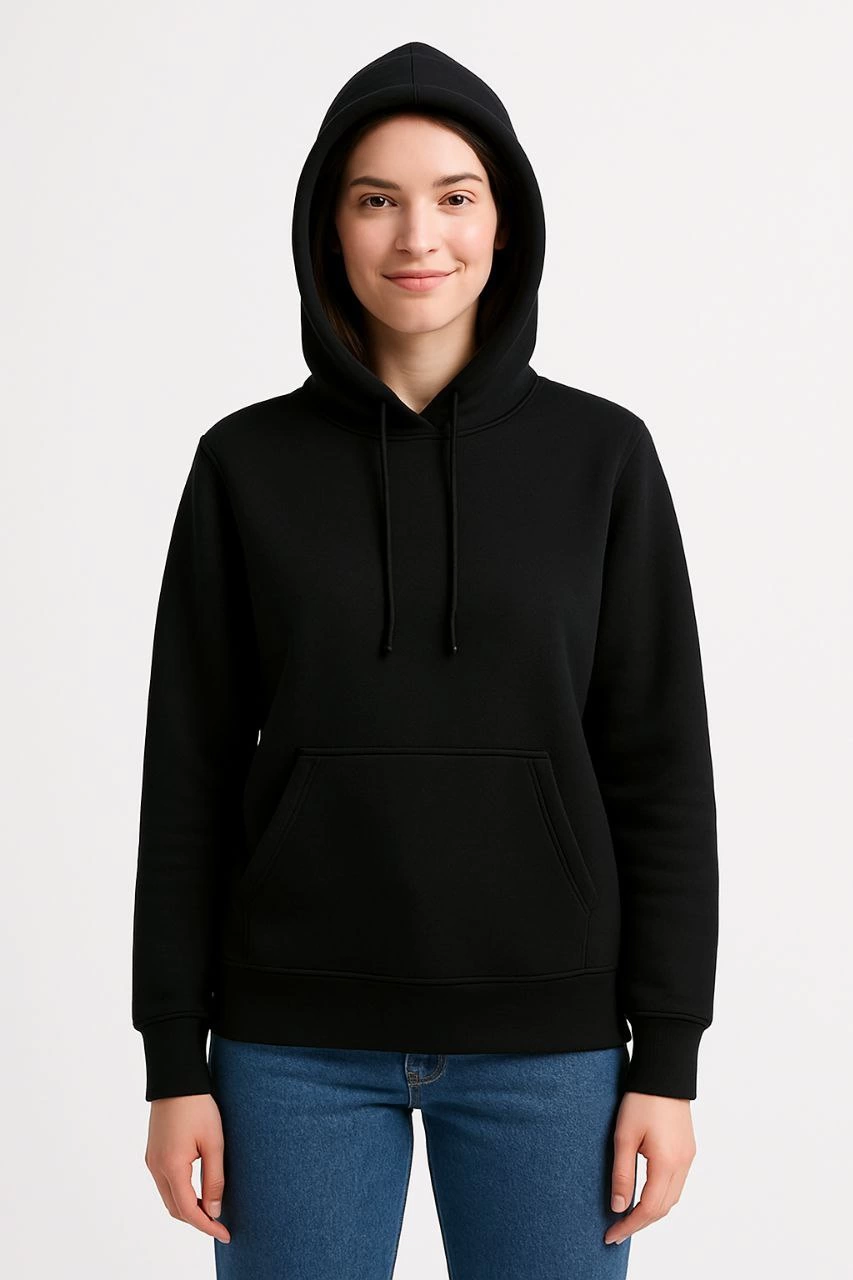 ASSEMA Kadın Üç İplik Kapüşonlu Kanguru Cepli Sweatshirt hoodie - Siyah