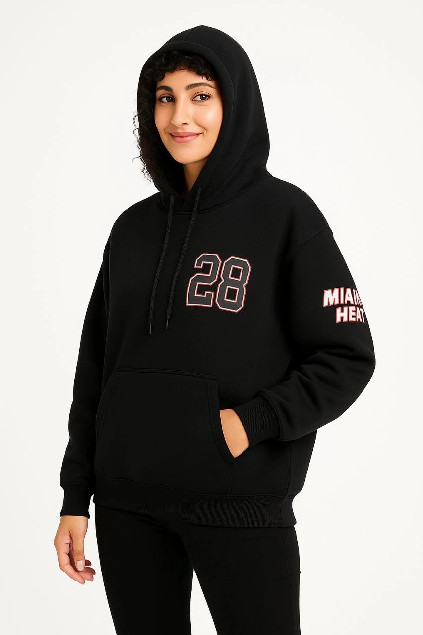 ASSEMA Kadın Üç İplik Kapüşonlu Ön ve Arka Baskılı SweatShirt hoodie - Siyah