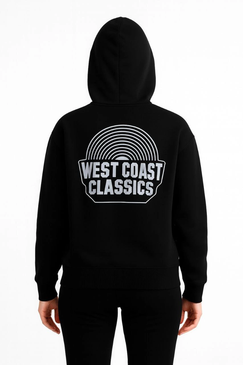 ASSEMA Kadın Kapşonlu Sweatshirt Oversize Üç İplik Şardonlu West Coast Classics Ön Arka - Siyah