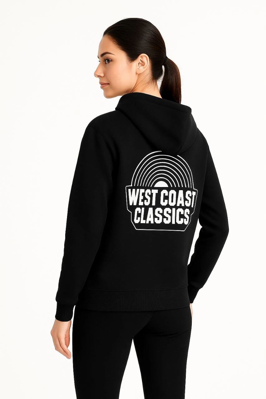 ASSEMA Kadın Kapşonlu Sweatshirt Oversize Üç İplik Şardonlu West Coast Classics Ön Arka - Siyah