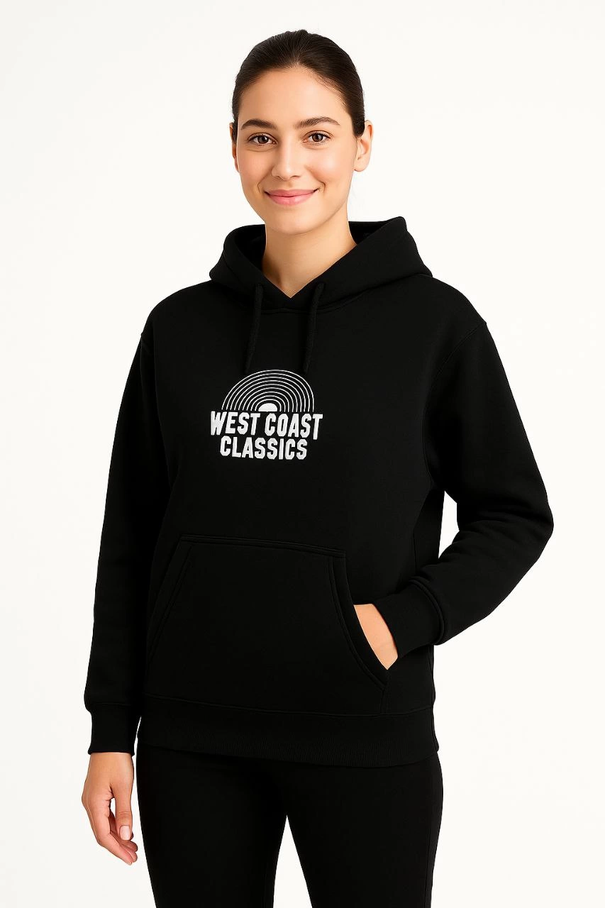 ASSEMA Kadın Kapşonlu Sweatshirt Oversize Üç İplik Şardonlu West Coast Classics Ön Arka - Siyah