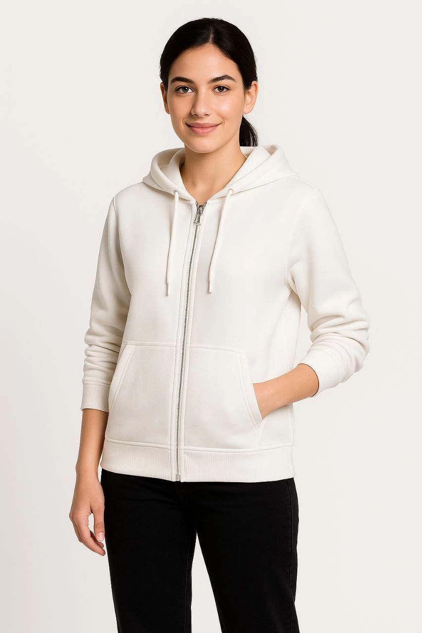 ASSEMA Kadın Üç İplik Kapüşonlu Tam Fermuarlı Kanguru Çepli SweatShirt Hoodie - Beyaz