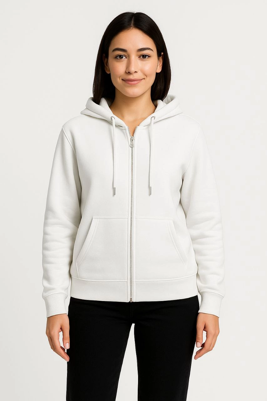 ASSEMA Kadın Üç İplik Kapüşonlu Tam Fermuarlı Kanguru Çepli SweatShirt Hoodie - Beyaz
