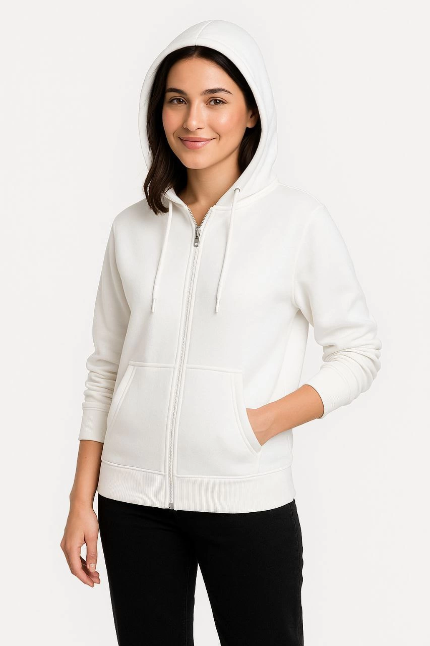 ASSEMA Kadın Üç İplik Kapüşonlu Tam Fermuarlı Kanguru Çepli SweatShirt Hoodie - Beyaz