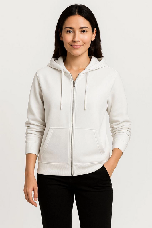 ASSEMA Kadın Üç İplik Kapüşonlu Tam Fermuarlı Kanguru Çepli SweatShirt Hoodie - Beyaz