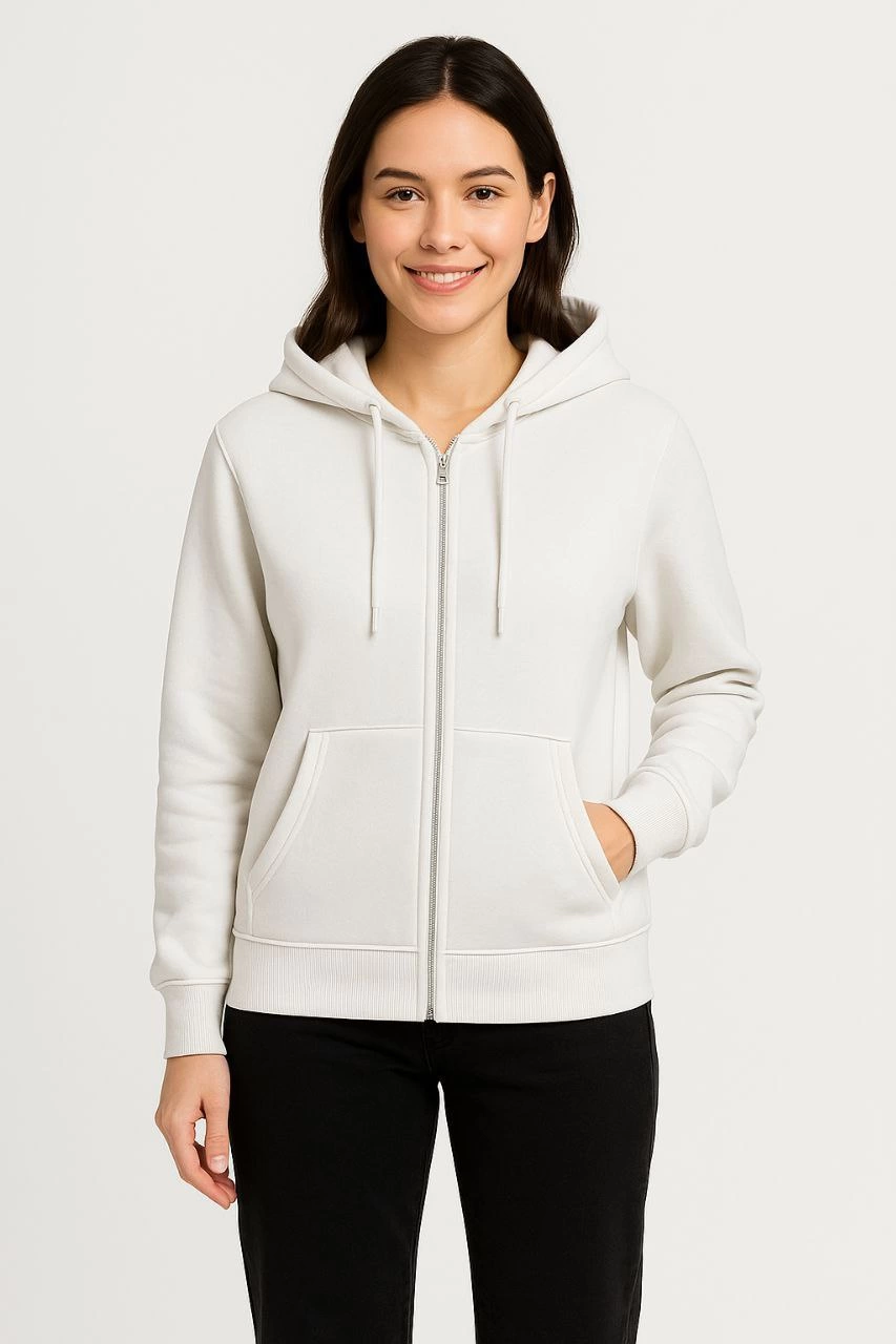 ASSEMA Kadın Üç İplik Kapüşonlu Tam Fermuarlı Kanguru Çepli SweatShirt Hoodie - Beyaz