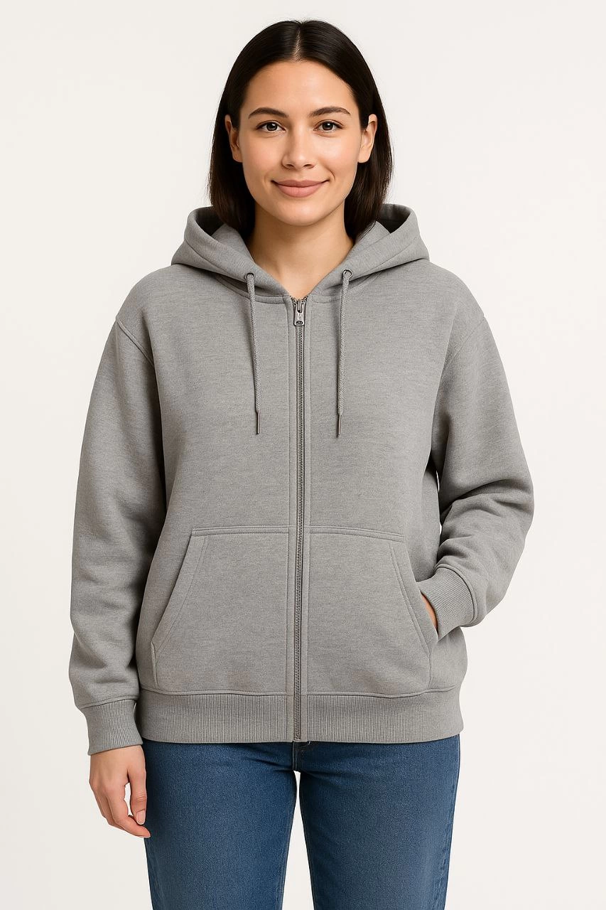 ASSEMA Kadın Üç İplik Kapüşonlu Tam Fermuarlı Kanguru Çepli SweatShirt Hoodie - Gri