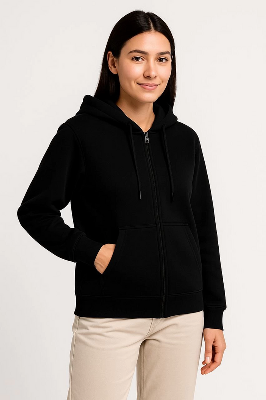ASSEMA Kadın Üç İplik Kapüşonlu Tam Fermuarlı Kanguru Çepli SweatShirt Hoodie - Siyah