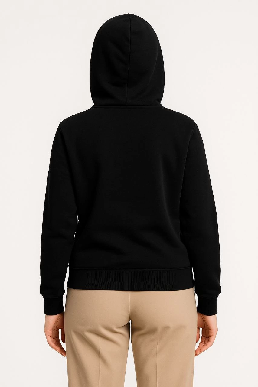 ASSEMA Kadın Üç İplik Kapüşonlu Tam Fermuarlı Kanguru Çepli SweatShirt Hoodie - Siyah