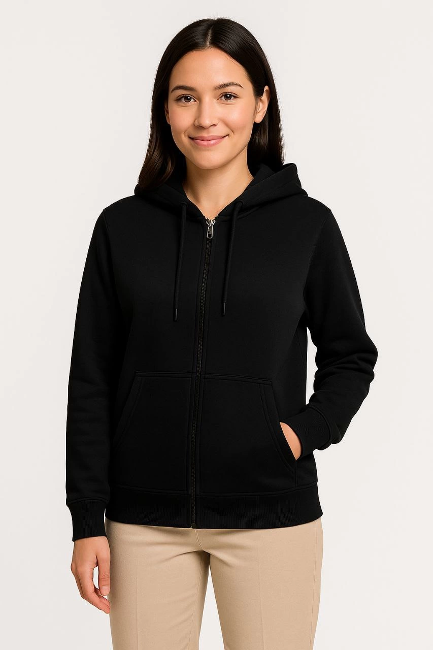 ASSEMA Kadın Üç İplik Kapüşonlu Tam Fermuarlı Kanguru Çepli SweatShirt Hoodie - Siyah