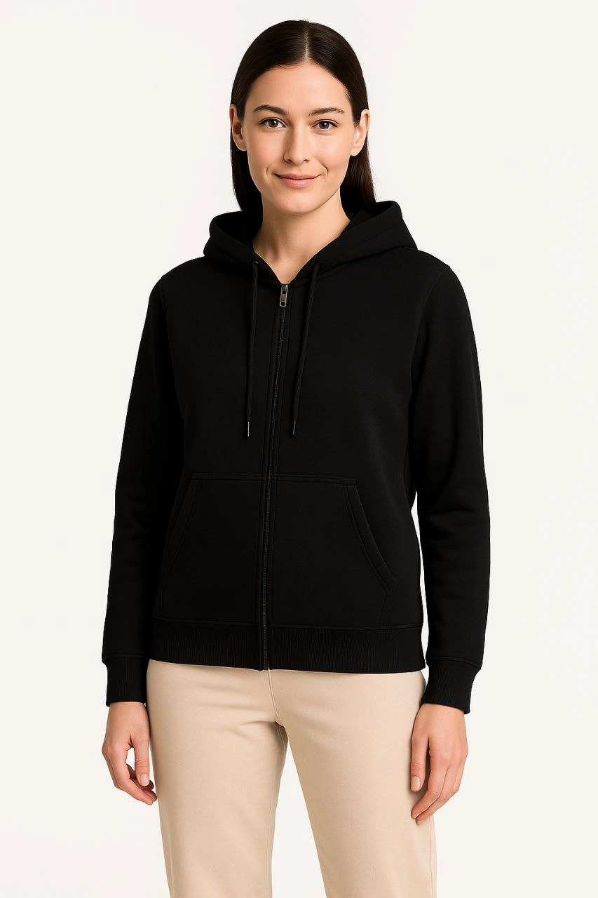 ASSEMA Kadın Üç İplik Kapüşonlu Tam Fermuarlı Kanguru Çepli SweatShirt Hoodie - Siyah