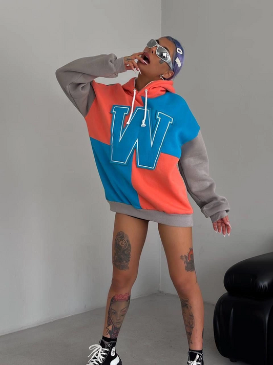 ASSEMA Kadın W Nakış İşlemeli Kapüşonlu  üç iplik pamuklu Sweatshirt - Mavi
