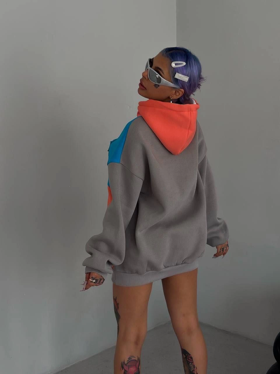 ASSEMA Kadın W Nakış İşlemeli Kapüşonlu  üç iplik pamuklu Sweatshirt - Mavi
