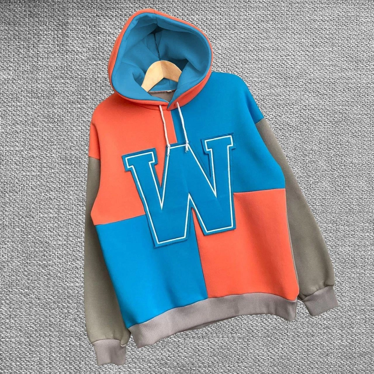 ASSEMA Kadın W Nakış İşlemeli Kapüşonlu  üç iplik pamuklu Sweatshirt - Mavi